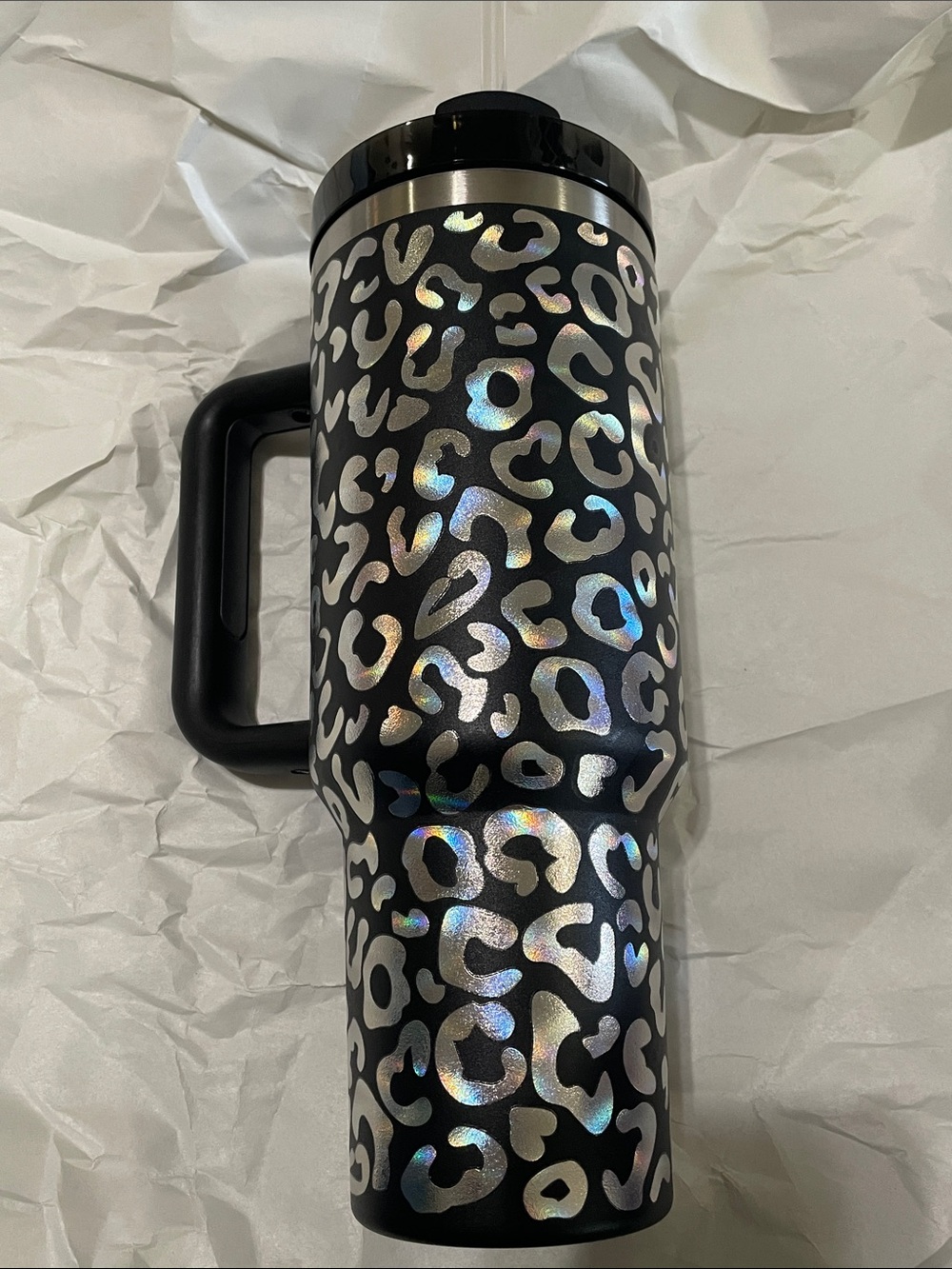 Black Leopard Holographic Travel Mug with Handle